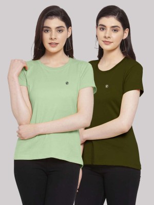 FRISKERS Solid Women Round Neck Light Green, Dark Green T-Shirt