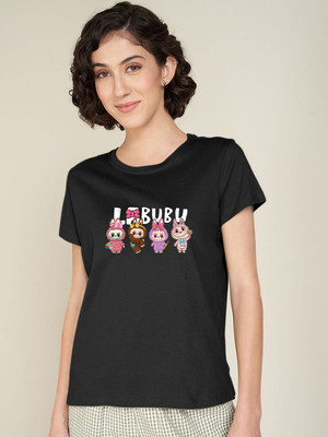 Blingmore Printed Women Round Neck Black T-Shirt