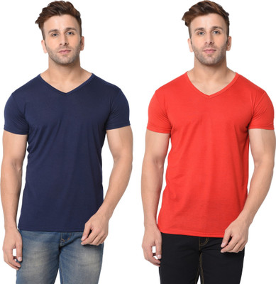 Tresna Trendy Solid Men V Neck Dark Blue, Red T-Shirt
