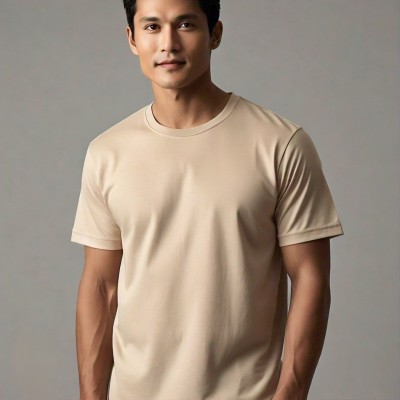 TECHNOFUSSION Solid Men Round Neck Beige T-Shirt