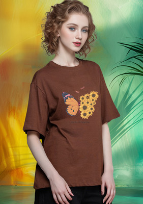 SLENOR Graphic Print Women Round Neck Brown T-Shirt