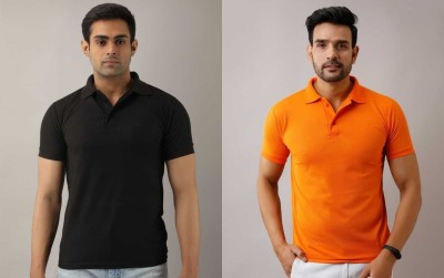 Silver Swan Solid Men Polo Neck Black, Orange T-Shirt