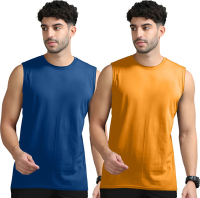 Moordale Solid Men Round Neck Dark Blue, Yellow T-Shirt