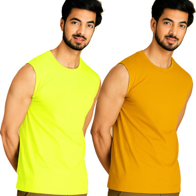 Adorbs Solid Men Round Neck Green, Yellow T-Shirt