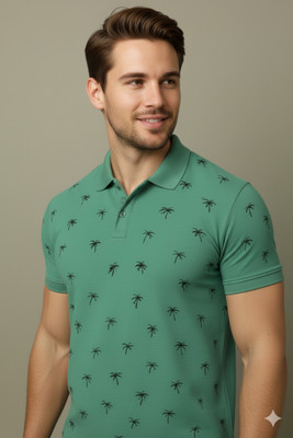 PATOIS Printed Men Polo Neck Light Green T-Shirt
