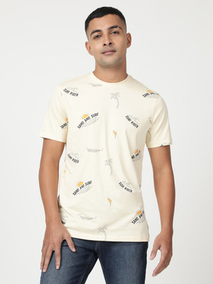 LEE Printed, Typography Men Round Neck White T-Shirt