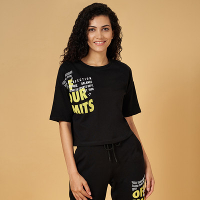 Ajile By Pantaloons Printed Women Round Neck Black T-Shirt