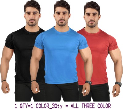 UDI n ADI Solid Men Round Neck Black, Maroon, Light Blue T-Shirt