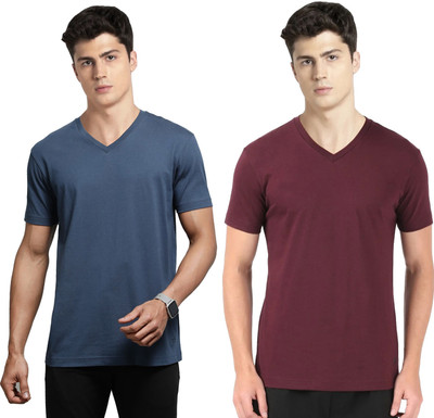 JOCKEY Solid Men V Neck Dark Blue, Maroon T-Shirt