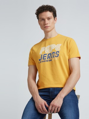 Pepe Jeans Graphic Print Men Crew Neck Yellow T-Shirt