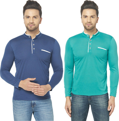 JB Jagoboy Solid Men Mandarin Collar Dark Blue, Light Green T-Shirt