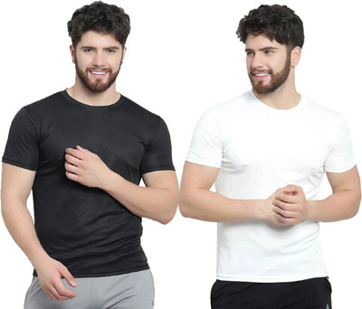 AFCollection Solid Men Round Neck Black, White T-Shirt