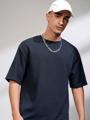 HIGHLANDER Self Design Men Round Neck Blue T-Shirt