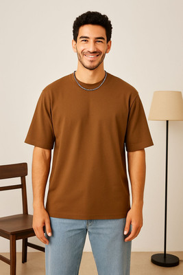 oxl Solid Men Crew Neck Brown T-Shirt