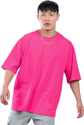 Leotude Solid Men Round Neck Pink T-Shirt