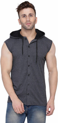 GEUM Solid Men Hooded Neck Grey T-Shirt