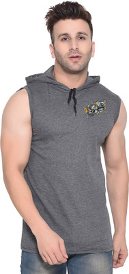 Money Leaf Graphic Print Men Hooded Neck Grey T-Shirt