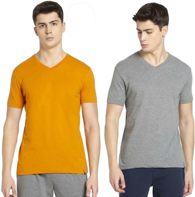 JOCKEY Solid Men V Neck Yellow, Grey T-Shirt