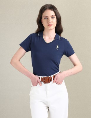 U.S. POLO ASSN. Solid Women Polo Neck Blue T-Shirt