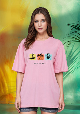 SLENOR Graphic Print Women Round Neck Pink T-Shirt