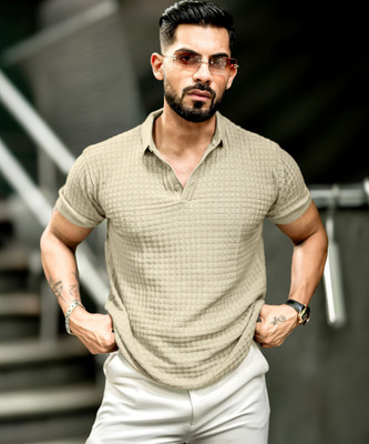 MANIAC Self Design Men Polo Neck Beige T-Shirt