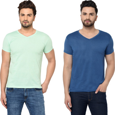 Tresna Fab Solid Men V Neck Blue, Green T-Shirt