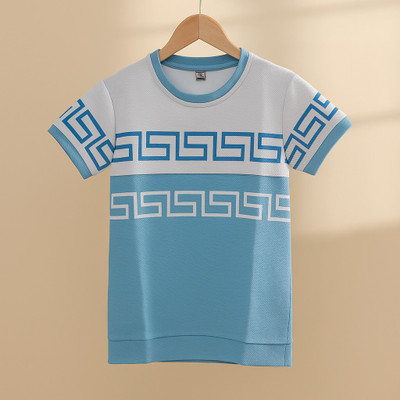 Ajmir Style Hub Geometric Print Men Round Neck Light Blue, White T-Shirt