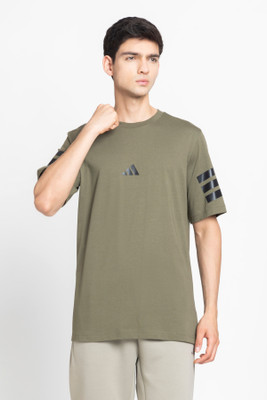 ADIDAS Striped Men Crew Neck Green T-Shirt