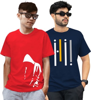 FADMARK Printed Men Round Neck Red, Dark Blue T-Shirt