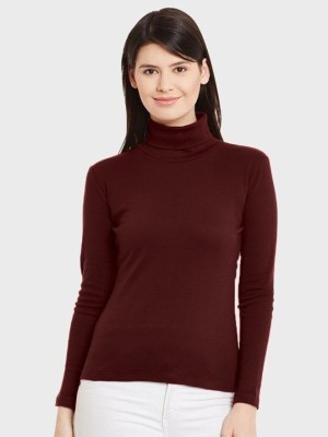 ALONE EAGLE Solid Women Turtle Neck Maroon T-Shirt