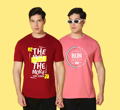 WOOSTRO Printed Men Round Neck Red, Pink T-Shirt