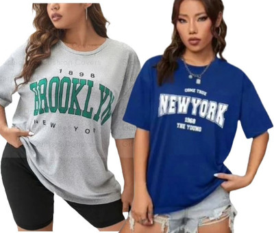 DIAZ Printed Women Round Neck Grey, Blue T-Shirt