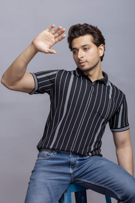 Garimaknitwear Striped Men Polo Neck Black T-Shirt