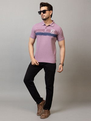 RosyRains Printed, Graphic Print Men Polo Neck Purple T-Shirt