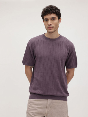 Roadster Self Design Men Round Neck Brown T-Shirt