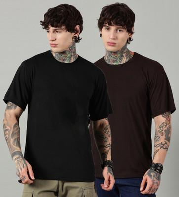 Diversify Solid Men Round Neck Black, Brown T-Shirt