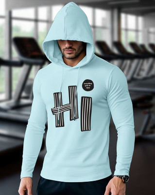 AOOSH Printed Men Hooded Neck Light Blue T-Shirt
