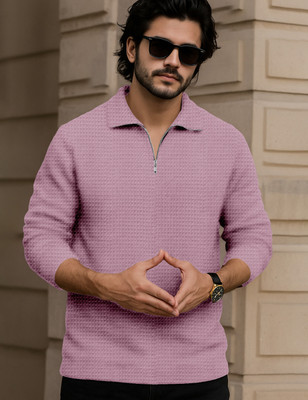 Force Self Design Men Polo Neck Pink T-Shirt