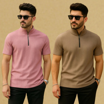 ALPHALEGS Self Design Men Zip Neck Pink, Beige T-Shirt