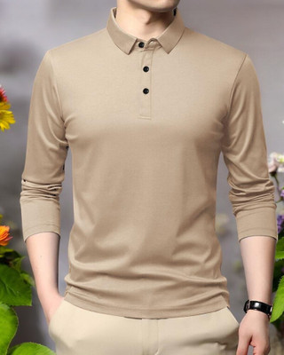 Starvy Solid Men Polo Neck Beige T-Shirt
