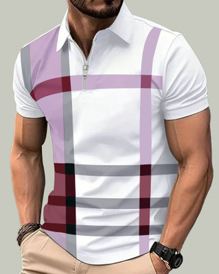 ENITOR Checkered Men Polo Neck Purple, White T-Shirt