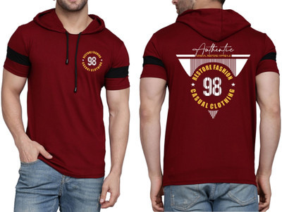 WOOSTRO Printed, Typography Men Hooded Neck Maroon T-Shirt
