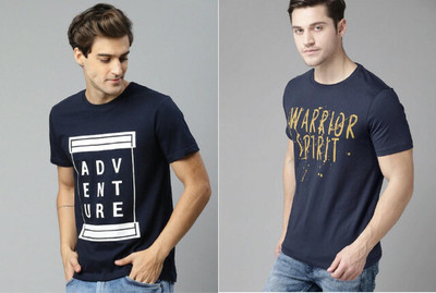ATTITUDE START OF FASHION Printed Men Round Neck Blue T-Shirt