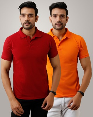 Galatea Solid Men Polo Neck Maroon, Orange T-Shirt