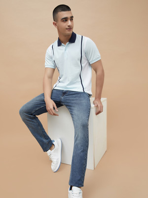 Fame Forever by Lifestyle Striped Men Polo Neck Blue T-Shirt