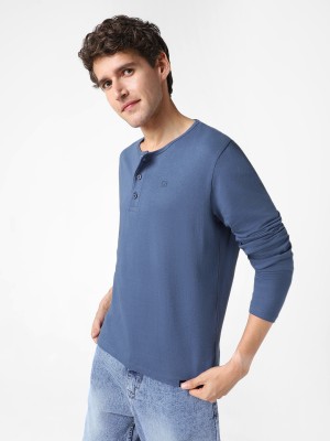 Urbano Fashion Solid Men Henley Neck Dark Blue T-Shirt