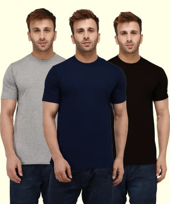 Brainbees Solid Men Round Neck Black, Dark Blue, Silver T-Shirt