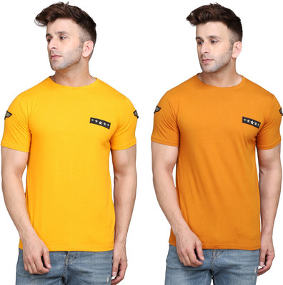 GEUM Solid Men Round Neck Gold, Yellow T-Shirt
