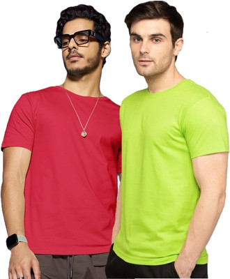 FIVEFEB Solid Men Round Neck Red, Light Green T-Shirt