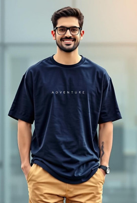 UrGear Typography Men Round Neck Navy Blue T-Shirt